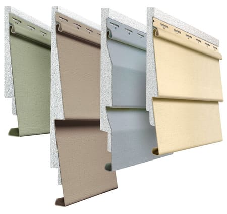 Cross section of insulated vinyl siding with foam insulation and color options
